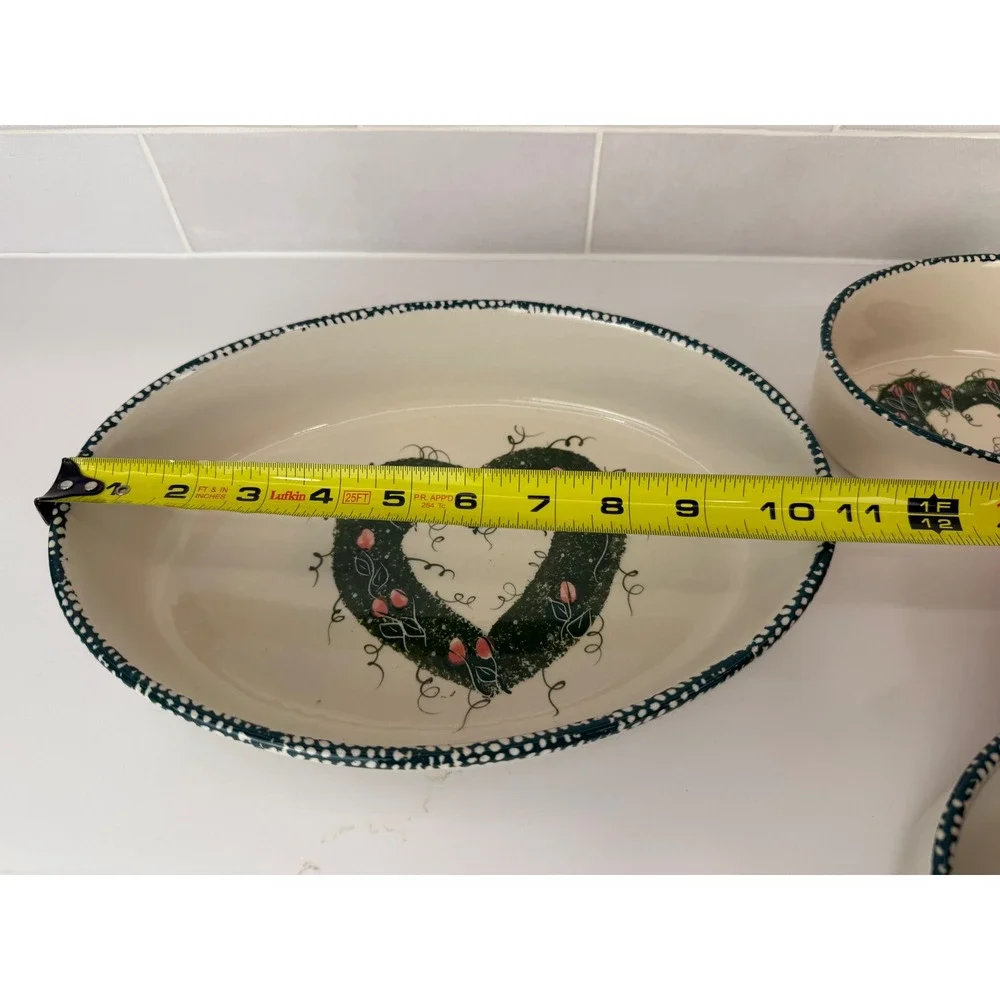 Nesting Bowls Oval Stoneware Heart Tulip Set of 3 Cream Green Country 90s
